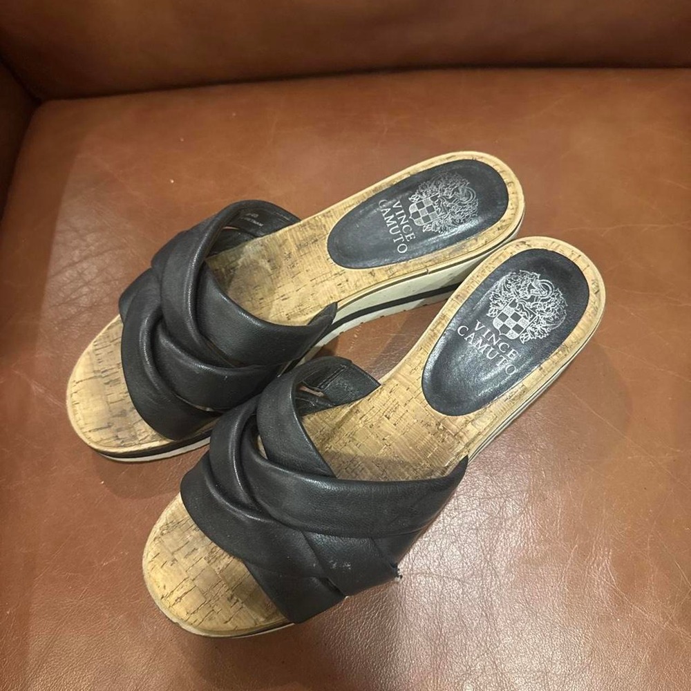 Vince Camuto black leather sandals with cork sole